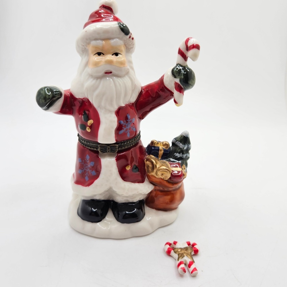 VTG Santa Claus Hinged Trinket Box Christmas Candy Cane Gifts 4" Treasure